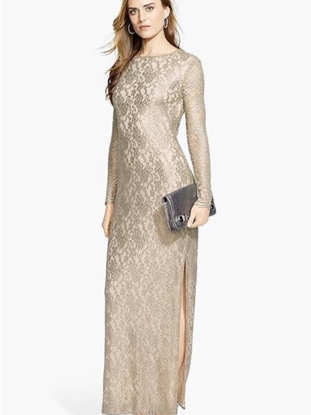 Ralph Lauren Long-Sleeve Lace Evening Gown in Champagne Silver - Picture 6 of 7